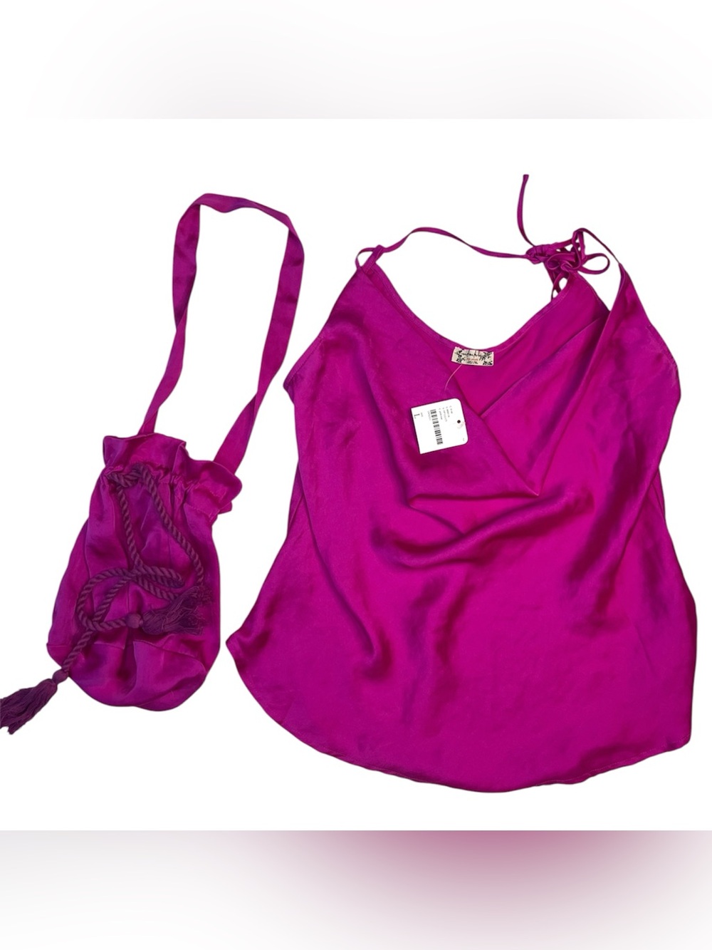 NEW Free People Intimately Magenta Satin Halter Cami & Matching Bag